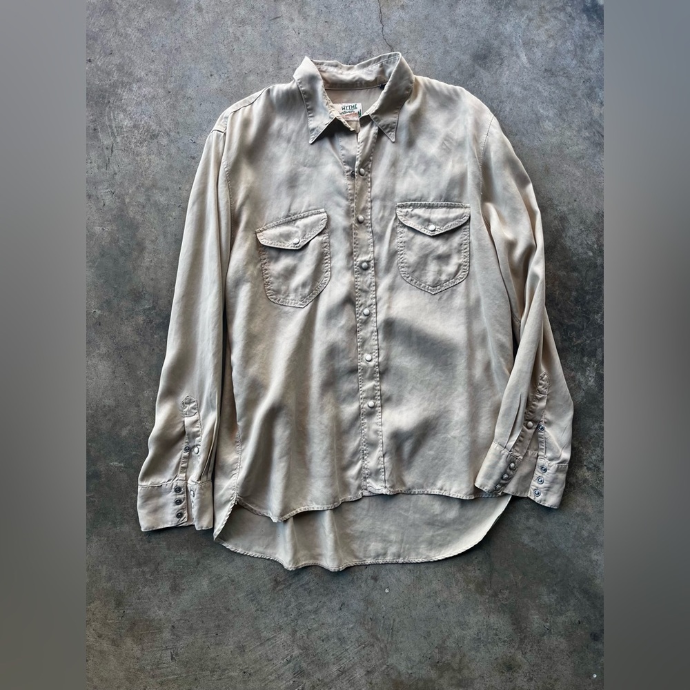 Wythe Tencel Cotton Western Pearl Snap Men’s Large Tan Khaki Long Sleeve USA